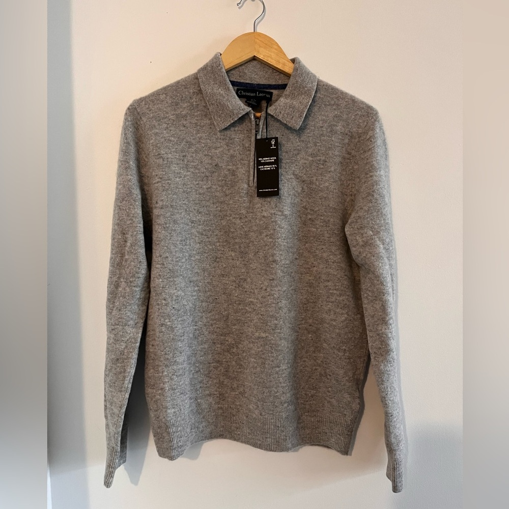 NWT Christian Lacroix Merino Wool-Cashmere Quarter Zip Gray Polo Sweater - Small